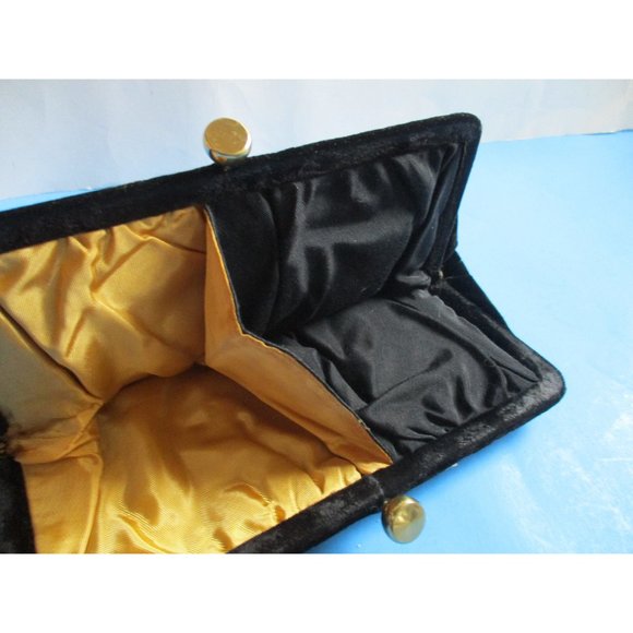 *Vintage Black Velvet Bead and Rhinestone Cloth Divided Clutch Evening Bag - Picture 6 of 9